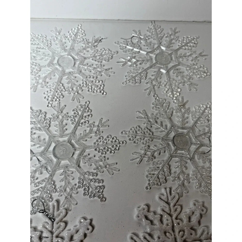 Lot 12 Snowflake Christmas Ornaments White Clear & Opaque Glitter Plastic Winter